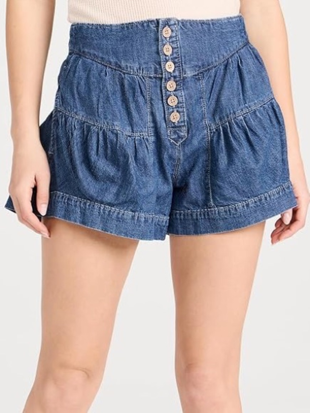 Free People We The Free Fleur Denim Shorts True Blue High Rise Tiered Cotton LG